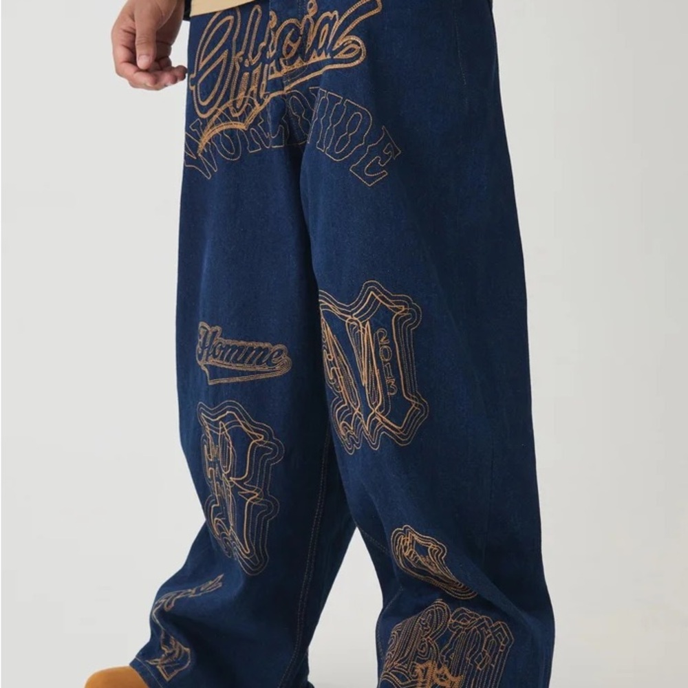 Men's Blue Denim Pants with Embroidered Details